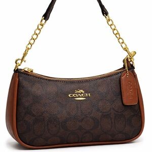 Coach Brown Signature Mini Shoulder Bag with Gold Hardware